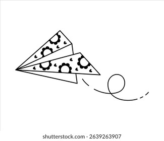 Black and white groovy paper airplane isolated clipart on white background, cute hand drawn vector illustration in flat style	
