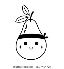 Black and white groovy pear doodle, cute cartoon summer fruit character. Adorable hand drawn vector illustration in flat style