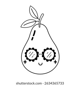 Black and white groovy pear doodle, cartoon summer fruit character. Adorable hand drawn vector illustration in flat style	