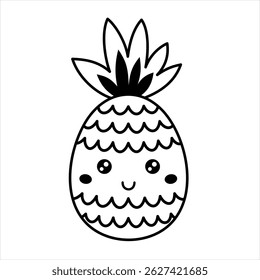 Black and white groovy pineapple doodle, cute cartoon tropical fruit. Fruit character, summer hand drawn vector illustration in flat style