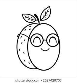 Black and white groovy plum doodle, cartoon summer fruit character. Adorable hand drawn vector illustration in flat style