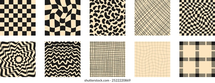 Black and white groovy psychedelic checkerboard set in Y2k style. Vector illustrations isolated on white background