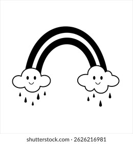 Black and white groovy rainbow isolated cartoon seasonal object. Hand drawn vector illustration in flat style.