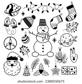 Black and white groovy retro Christmas clipart in cartoon flat style. Merry Christmas clipart.	