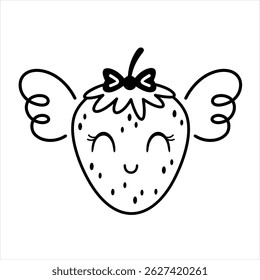 Black and white groovy strawberry doodle, cartoon summer berry character. Adorable hand drawn vector illustration in flat style
