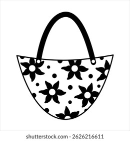 Black and white groovy summer beach bag doodle, cute cartoon seasonal object. Summer hand drawn vector illustration in flat style