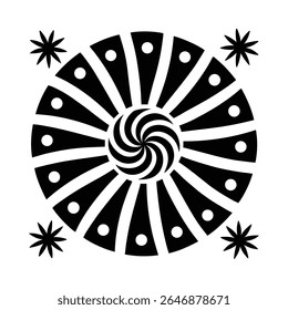 Black and white groovy vector graphic of a peace symbol surrounded by radiating lines, circles, and starbursts on a white background.