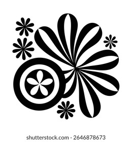 Black and white groovy vector graphic of a peace symbol surrounded by radiating lines, circles, and starbursts on a white background.