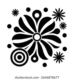 Black and white groovy vector graphic of a peace symbol surrounded by radiating lines, circles, and starbursts on a white background.