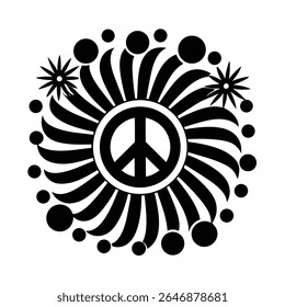 Black and white groovy vector graphic of a peace symbol surrounded by radiating lines, circles, and starbursts on a white background.