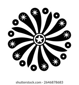 Black and white groovy vector graphic of a peace symbol surrounded by radiating lines, circles, and starbursts on a white background.