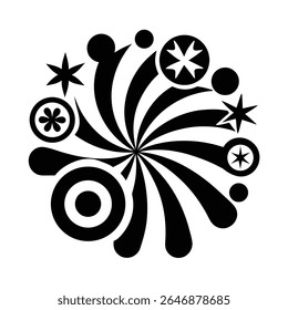 Black and white groovy vector graphic of a peace symbol surrounded by radiating lines, circles, and starbursts on a white background.