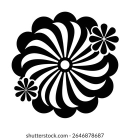 Black and white groovy vector graphic of a peace symbol surrounded by radiating lines, circles, and starbursts on a white background.