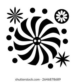 Black and white groovy vector graphic of a peace symbol surrounded by radiating lines, circles, and starbursts on a white background.