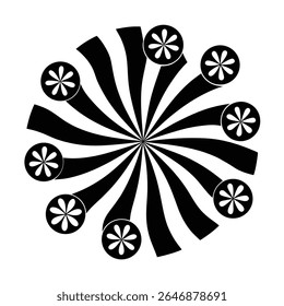 Black and white groovy vector graphic of a peace symbol surrounded by radiating lines, circles, and starbursts on a white background.