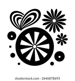 Black and white groovy vector graphic of a peace symbol surrounded by radiating lines, circles, and starbursts on a white background.