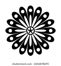 Black and white groovy vector graphic of a peace symbol surrounded by radiating lines, circles, and starbursts on a white background.