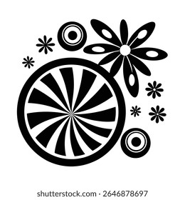 Black and white groovy vector graphic of a peace symbol surrounded by radiating lines, circles, and starbursts on a white background.