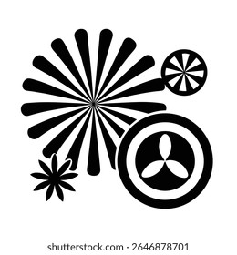 Black and white groovy vector graphic of a peace symbol surrounded by radiating lines, circles, and starbursts on a white background.