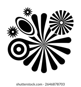 Black and white groovy vector graphic of a peace symbol surrounded by radiating lines, circles, and starbursts on a white background.