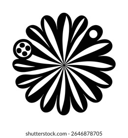 Black and white groovy vector graphic of a peace symbol surrounded by radiating lines, circles, and starbursts on a white background.