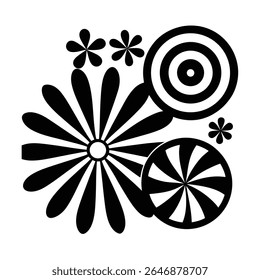 Black and white groovy vector graphic of a peace symbol surrounded by radiating lines, circles, and starbursts on a white background.