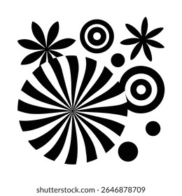Black and white groovy vector graphic of a peace symbol surrounded by radiating lines, circles, and starbursts on a white background.