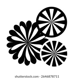 Black and white groovy vector graphic of a peace symbol surrounded by radiating lines, circles, and starbursts on a white background.