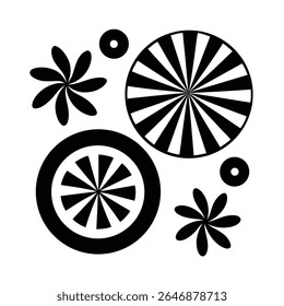 Black and white groovy vector graphic of a peace symbol surrounded by radiating lines, circles, and starbursts on a white background.