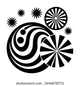 Black and white groovy vector graphic of a peace symbol surrounded by radiating lines, circles, and starbursts on a white background.