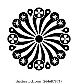 Black and white groovy vector graphic of a peace symbol surrounded by radiating lines, circles, and starbursts on a white background.