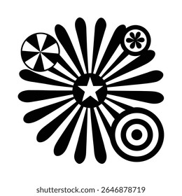 Black and white groovy vector graphic of a peace symbol surrounded by radiating lines, circles, and starbursts on a white background.
