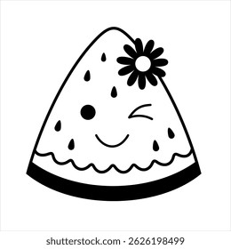 Black and white groovy watermelon, cute cartoon seasonal fruit. summer fruit character hand drawn vector illustration in flat style