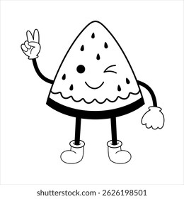 Black and white groovy watermelon, cute cartoon seasonal fruit. summer fruit character hand drawn vector illustration in flat style
