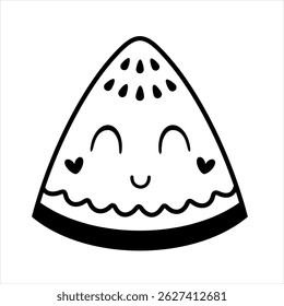 Black and white groovy watermelon doodle, cute cartoon summer berry character. Adorable hand drawn vector illustration in flat style
