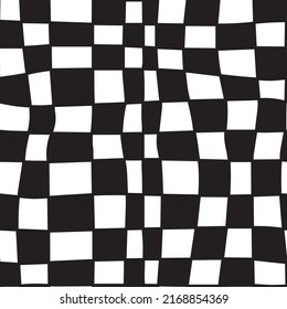 Black And White Groovy Wavy Melted Psychedelic Hand Drawn Checkerboard Y2K 90s Seamless Pattern Vector Background. Retro Hippie Trippy Optical Repeat Texture Wallpaper, Textile Design.