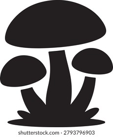 Black and white of a group of three mushrooms with rounded caps on a white background, fungus plant
