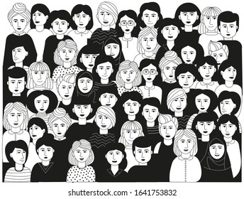 Black and white group of women of different nationalities. Lots of faces and hairstyles. A crowd of feminists, lesbians. Women's rights rally. LGBT pride. Girl power. Vector Doodle illustration.