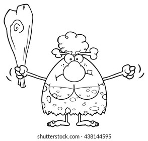 Black And White Grumpy Cave Woman Cartoon Mascot Character Holding Up A Fist And A Club. Vector Illustration Isolated On White Background