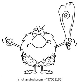 Black And White Grumpy Male Caveman Cartoon Mascot Character Holding Up A Fist And A Club. Vector Illustration Isolated On White Background