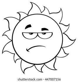 Black And White Grumpy Sun Cartoon Mascot Character. Vector Illustration Isolated On White Background