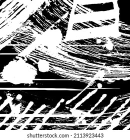 Black and white grunge. Abstract chalk strokes on a blackboard. Vector monochrome graphics. Pattern of dust, chips, destruction, dirt. Chaotic horror background