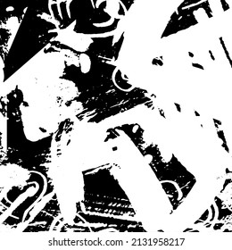 Black and white grunge. Abstract chalk strokes on a blackboard. Vector monochrome graphics. Pattern of dust, chips, destruction, dirt. Chaotic horror background
