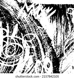 Black and white grunge. Abstract chalk strokes on a blackboard. Vector monochrome graphics. Pattern of dust, chips, destruction, dirt. Chaotic horror background
