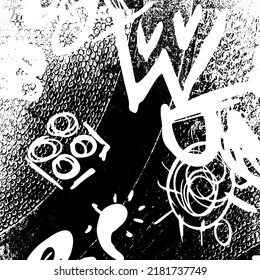 Black and white grunge. Abstract chalk strokes on a blackboard. Vector monochrome graphics. Pattern of dust, chips, destruction, dirt. Chaotic horror background