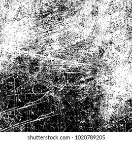 Black and white grunge background. Abstract monochrome vector texture. Pattern of ink stains, dust, lines, chips