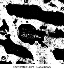 Black and white grunge background. Abstract monochrome vector texture. Pattern of ink stains, dust, lines, chips