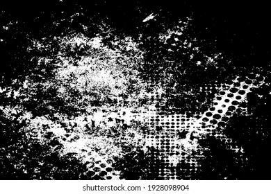 Black and white grunge background. Monochrome texture of wear, ruin, horror, dirt. The ink-stained surface is old