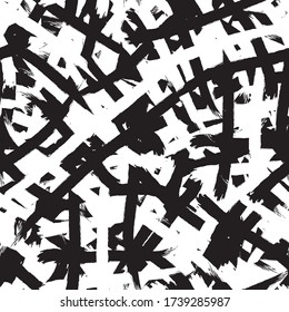 Black and white grunge background seamless. Abstract repeating monochrome texture. Vector chaotic pattern