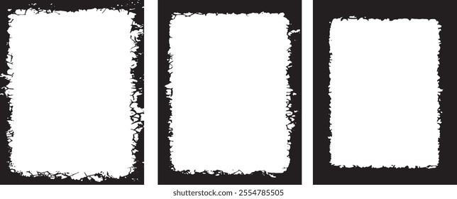 Black and white grunge border set, Artistic Trio of Vertical Grunge Photo Frames Distressed Black Borders with Irregular, Worn-Out Edges for Bold and Edgy Visual Display